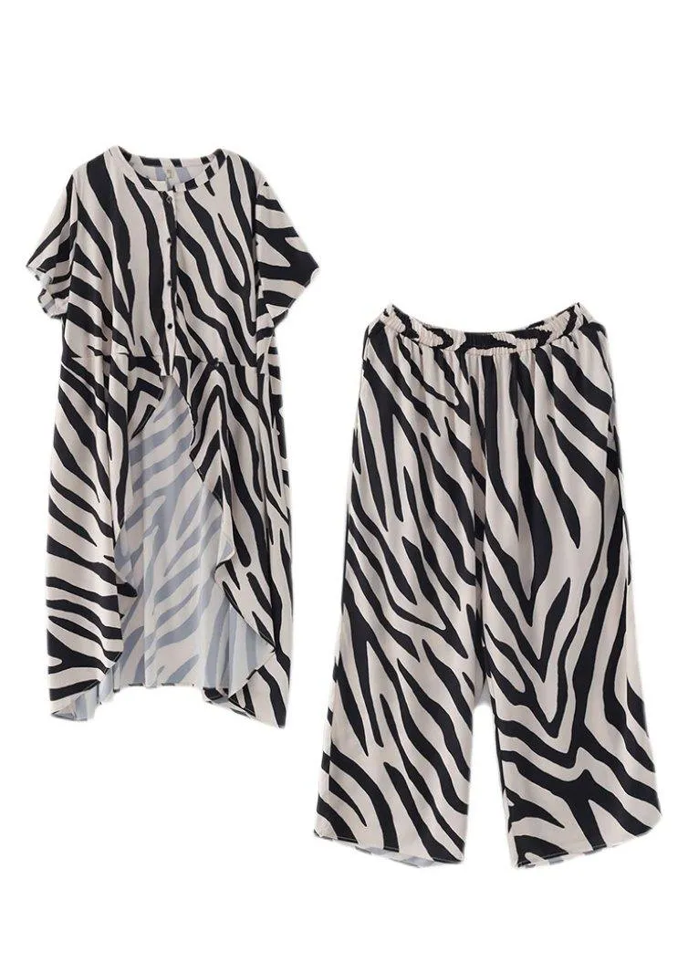 21 Summer Suit Zebra Stripe Silk Wide Leg Pants Irregular Two Piece Set