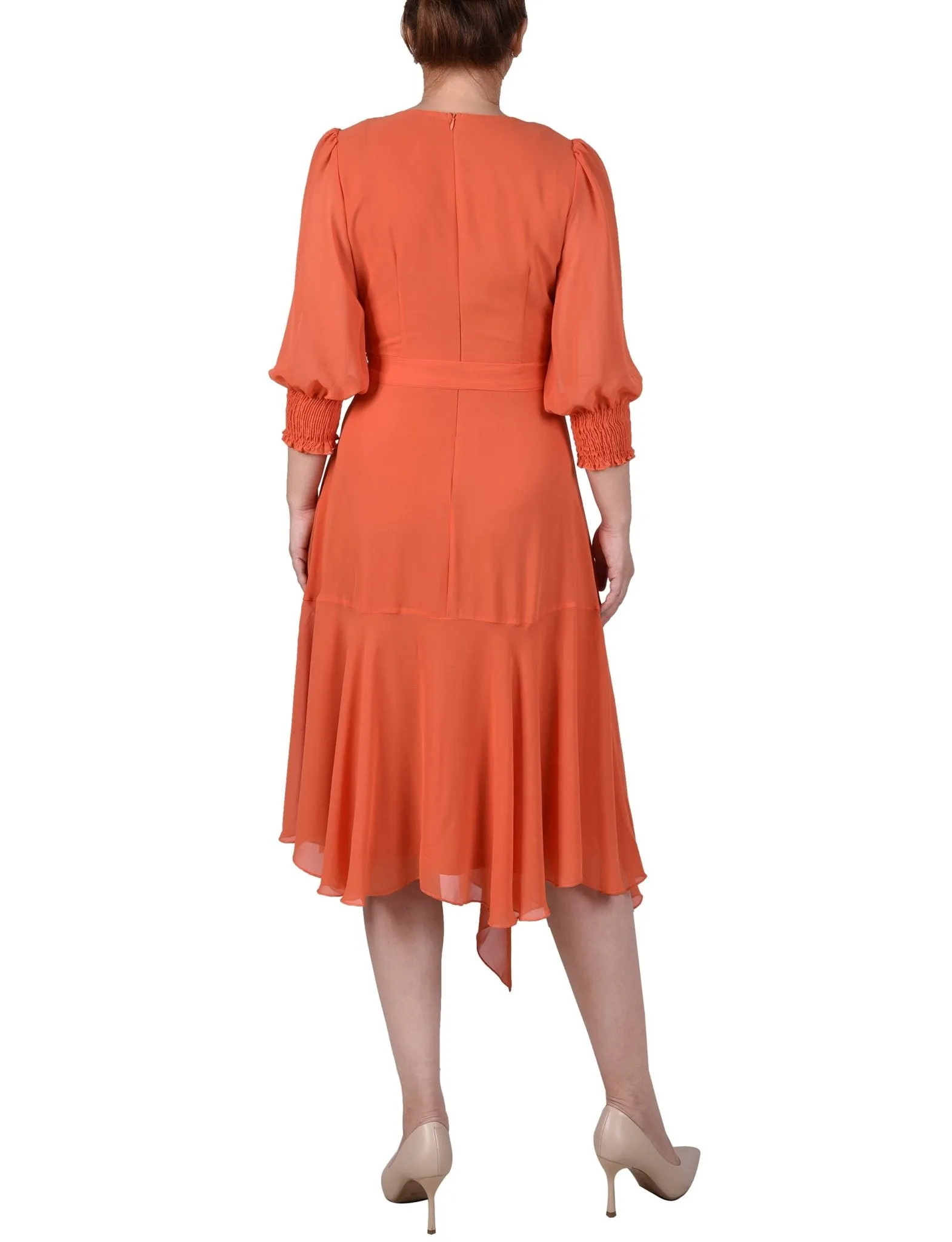 3/4 Length Sleeve Belted Chiffon Handkerchief Hem Dress - Petite