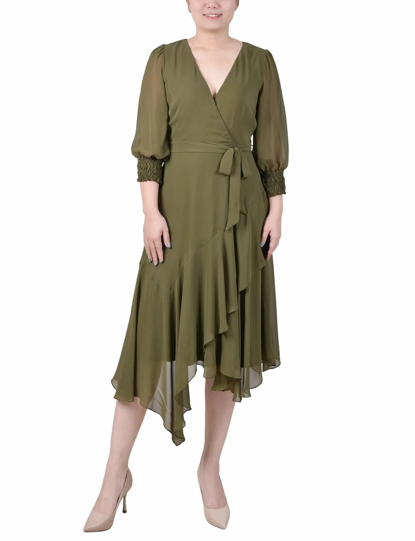 3/4 Length Sleeve Belted Chiffon Handkerchief Hem Dress - Petite