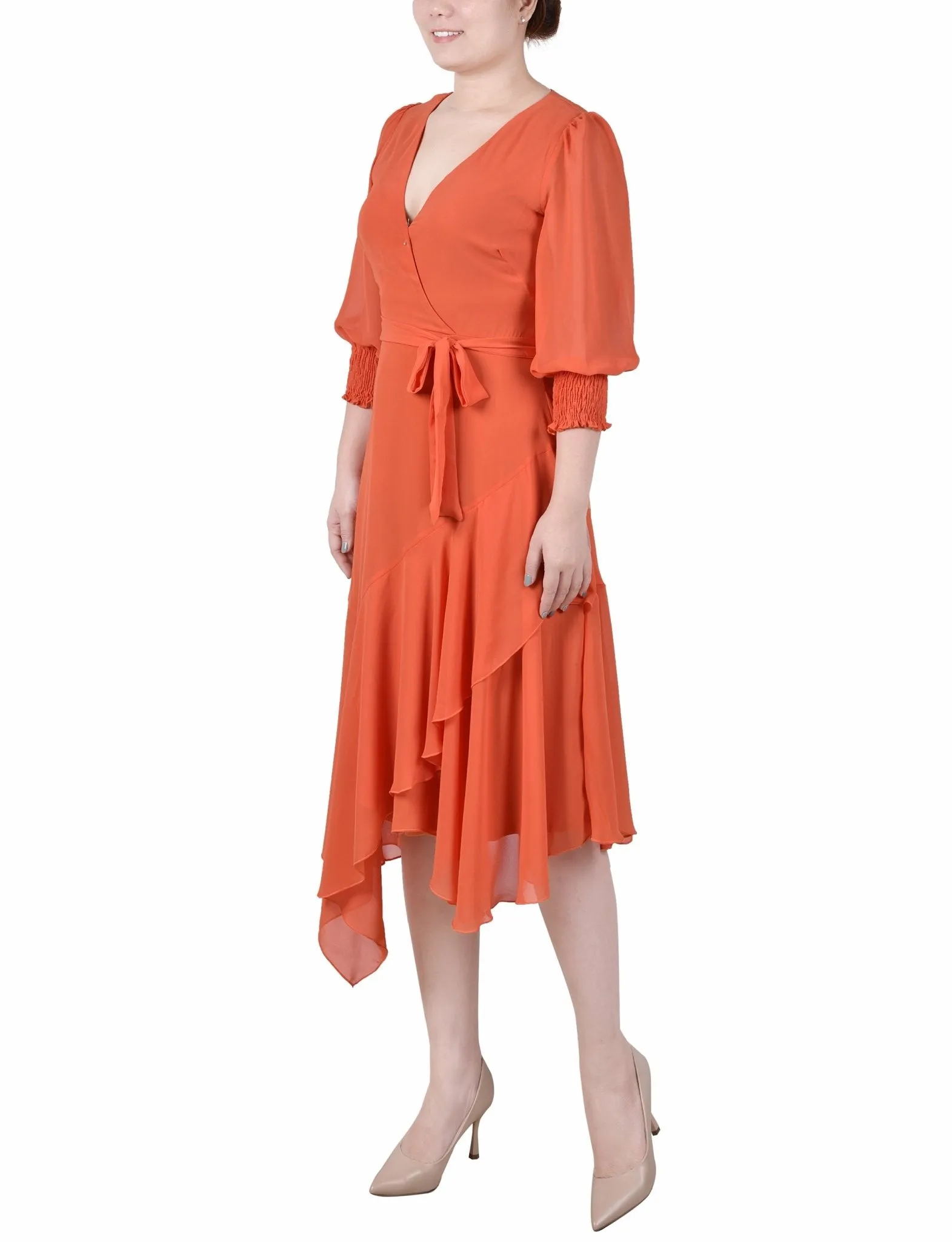 3/4 Length Sleeve Belted Chiffon Handkerchief Hem Dress - Petite
