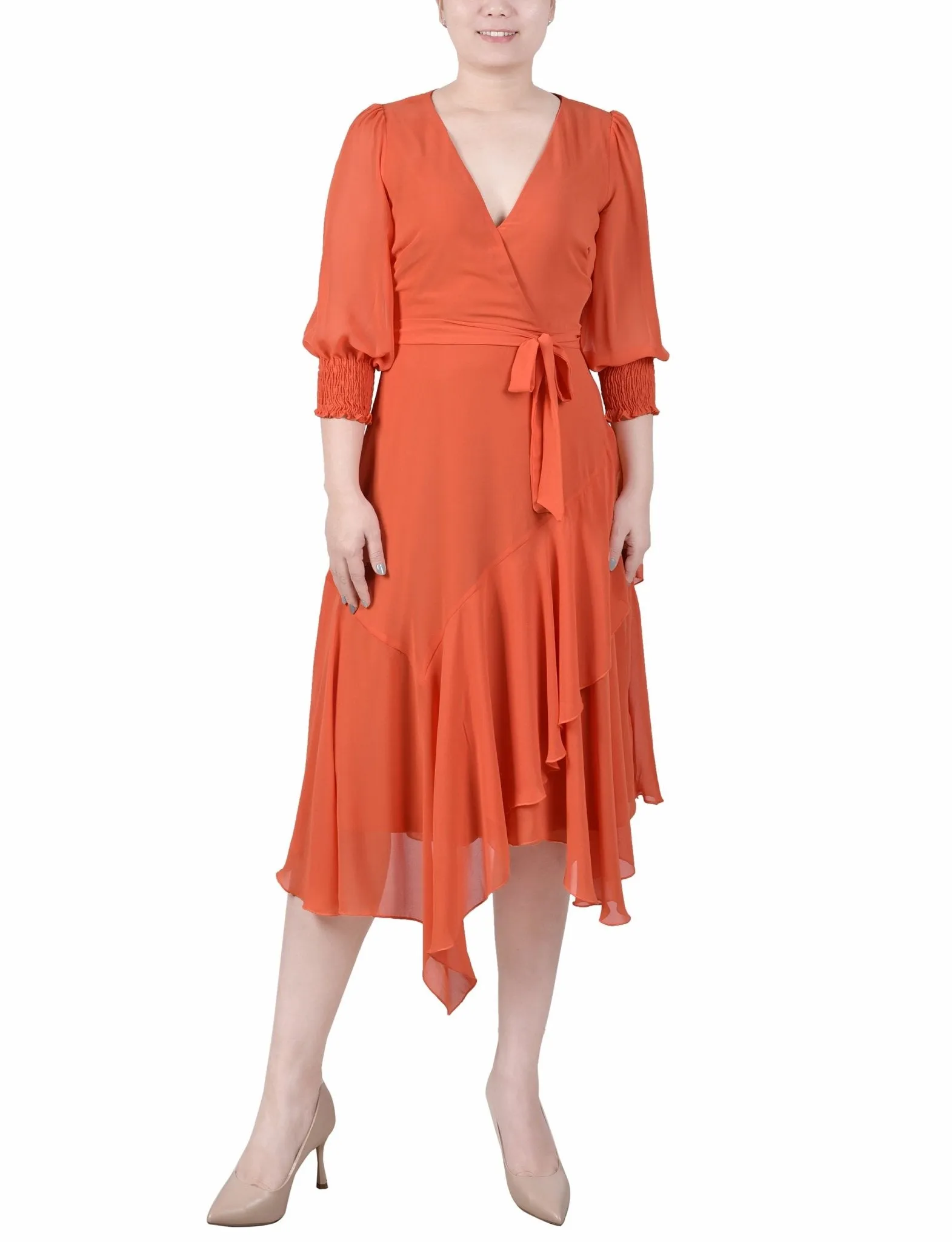 3/4 Length Sleeve Belted Chiffon Handkerchief Hem Dress - Petite