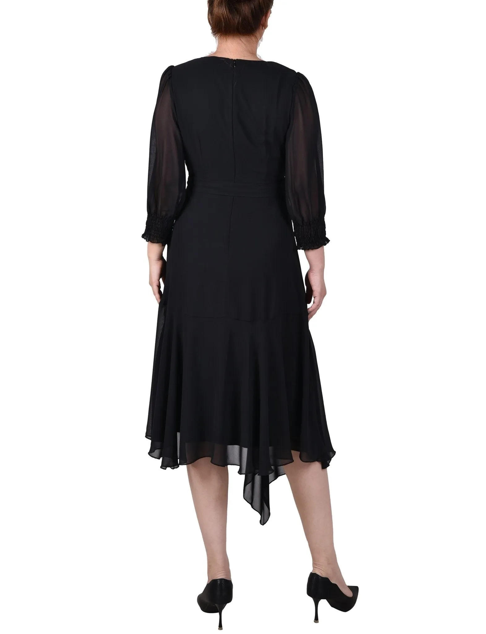 3/4 Length Sleeve Belted Chiffon Handkerchief Hem Dress - Petite