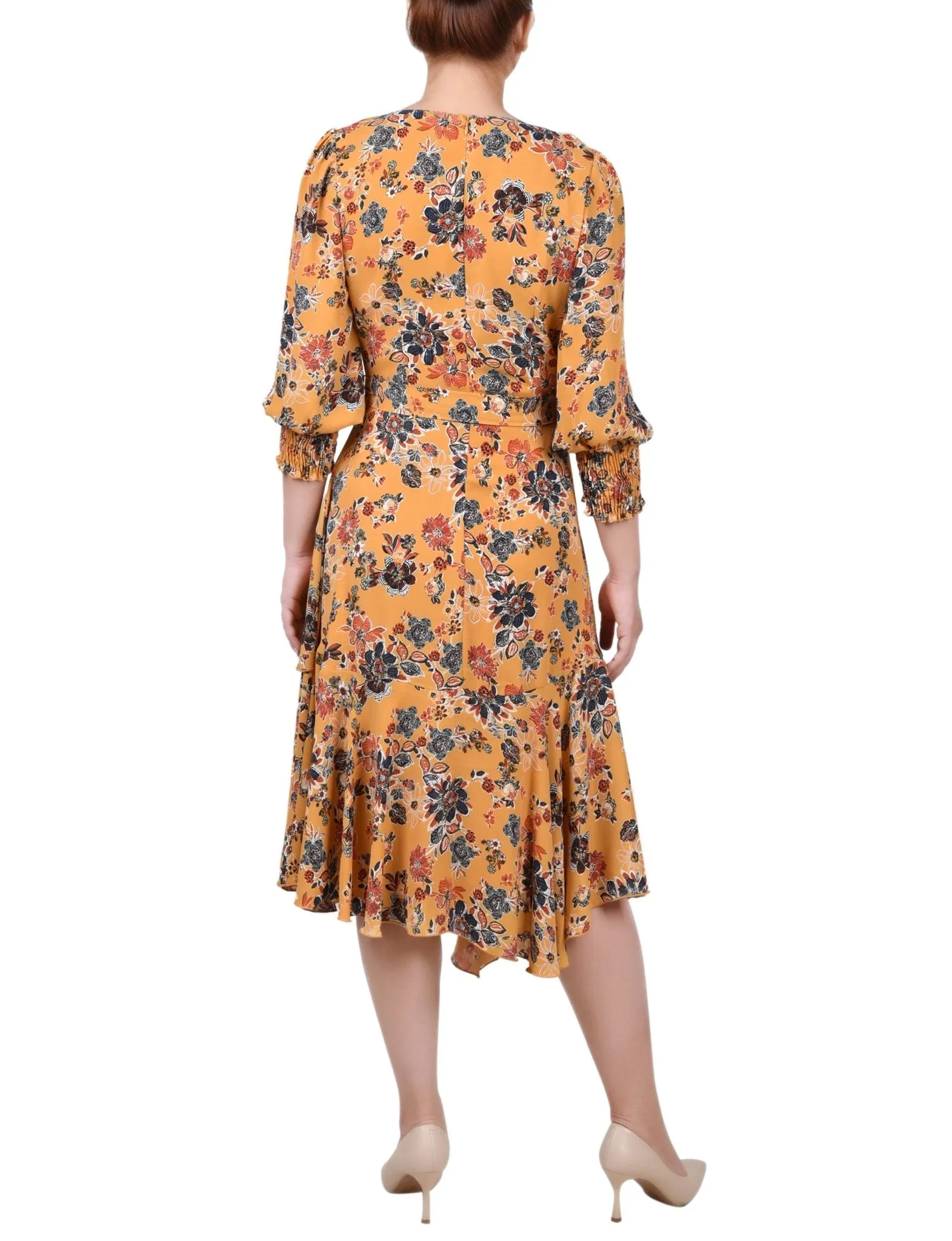 3/4 Length Sleeve Belted Chiffon Handkerchief Hem Dress - Petite