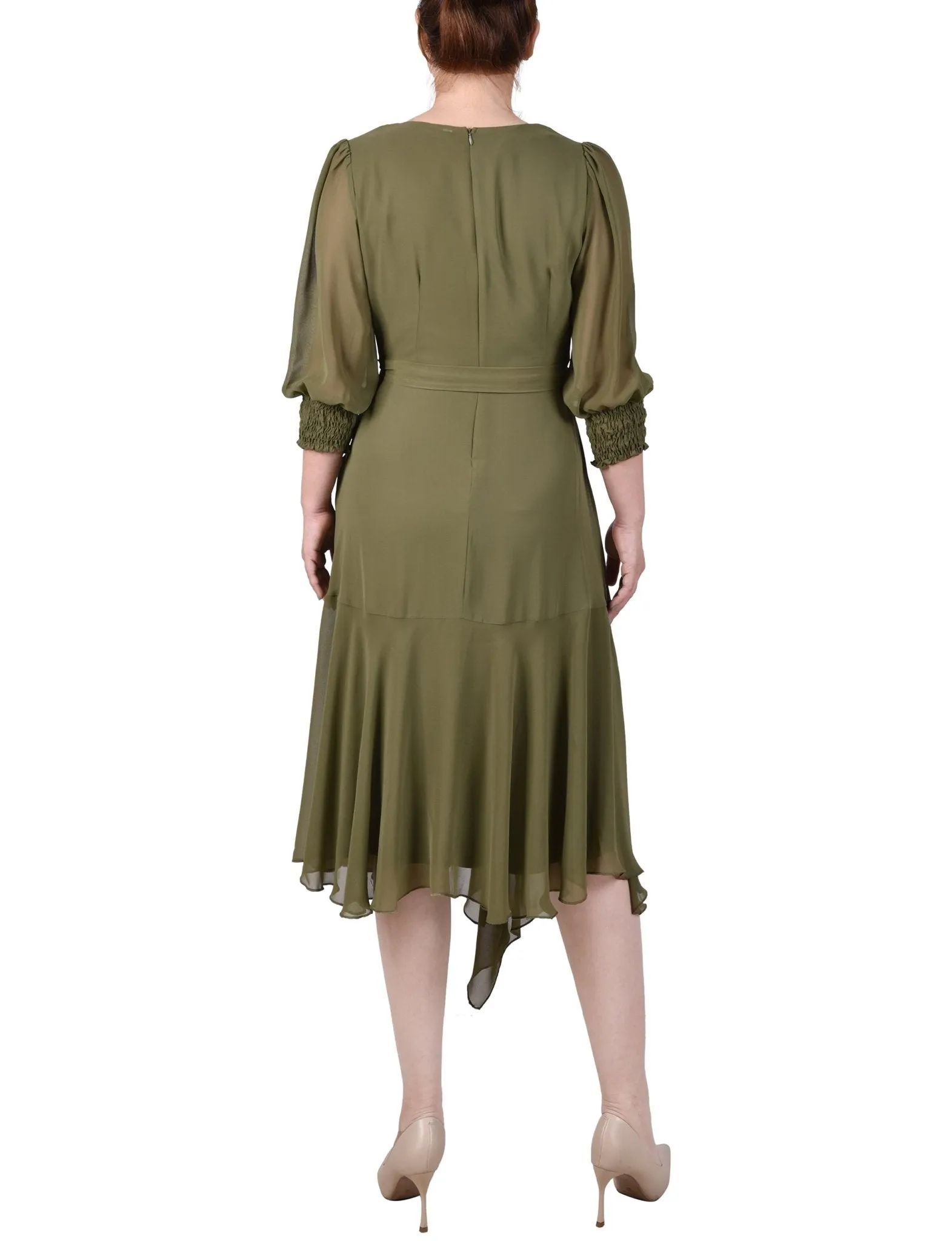 3/4 Length Sleeve Belted Chiffon Handkerchief Hem Dress - Petite