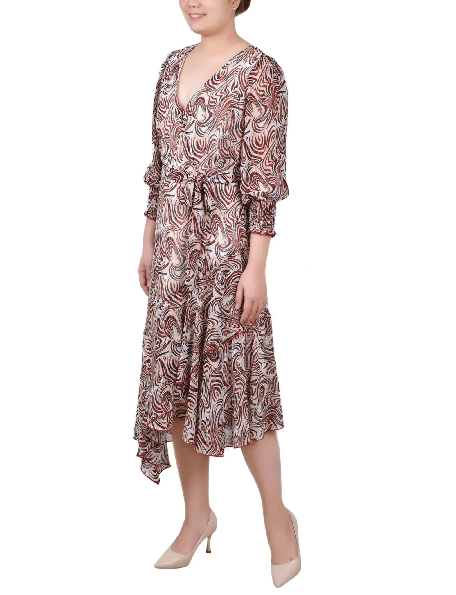 3/4 Length Sleeve Belted Chiffon Handkerchief Hem Dress - Petite