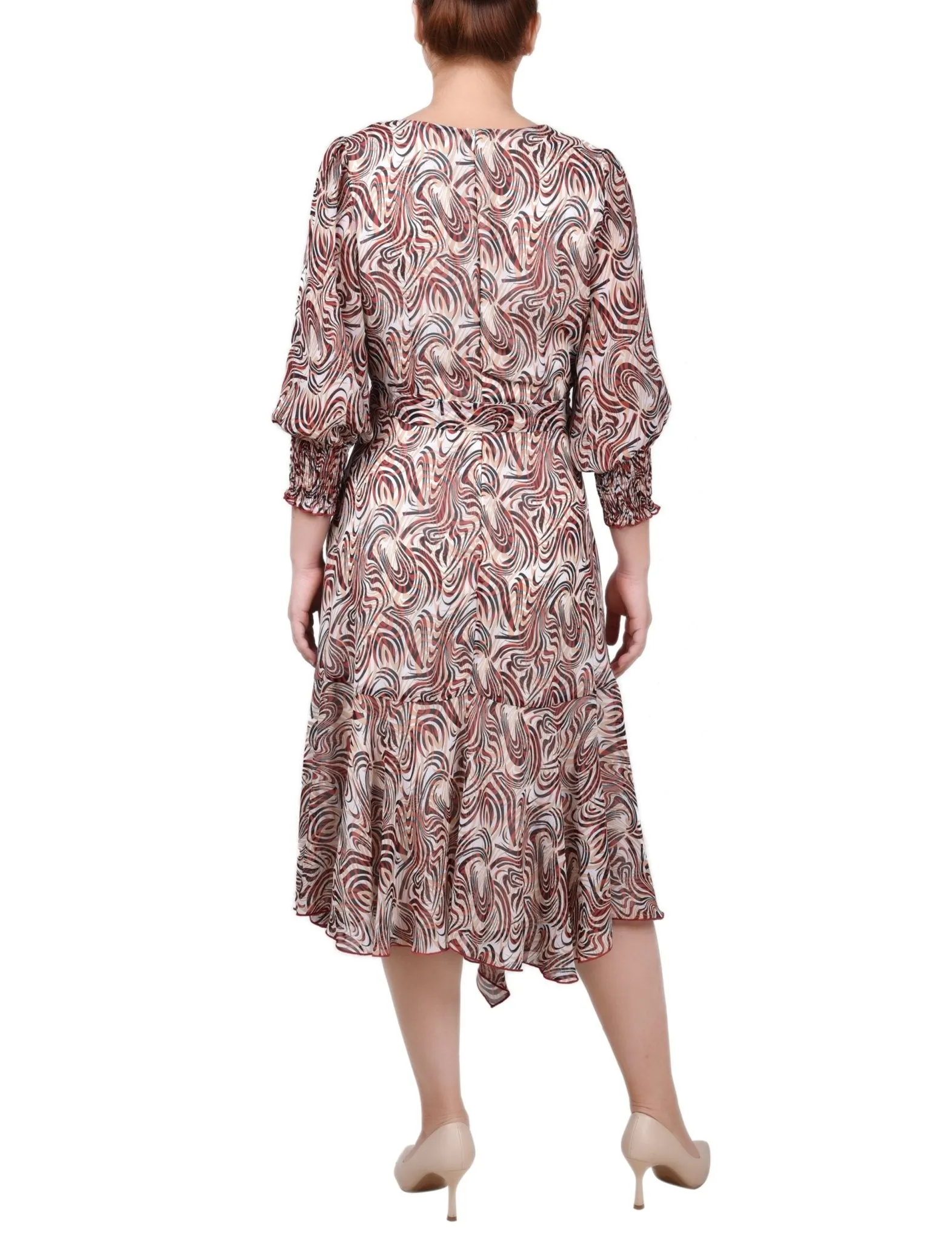 3/4 Length Sleeve Belted Chiffon Handkerchief Hem Dress - Petite