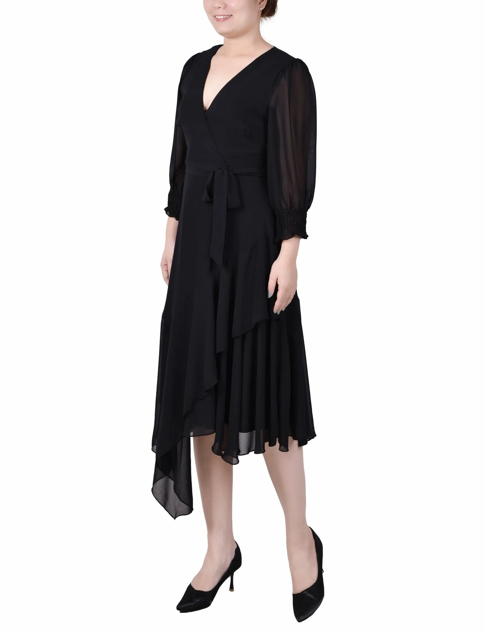 3/4 Length Sleeve Belted Chiffon Handkerchief Hem Dress - Petite