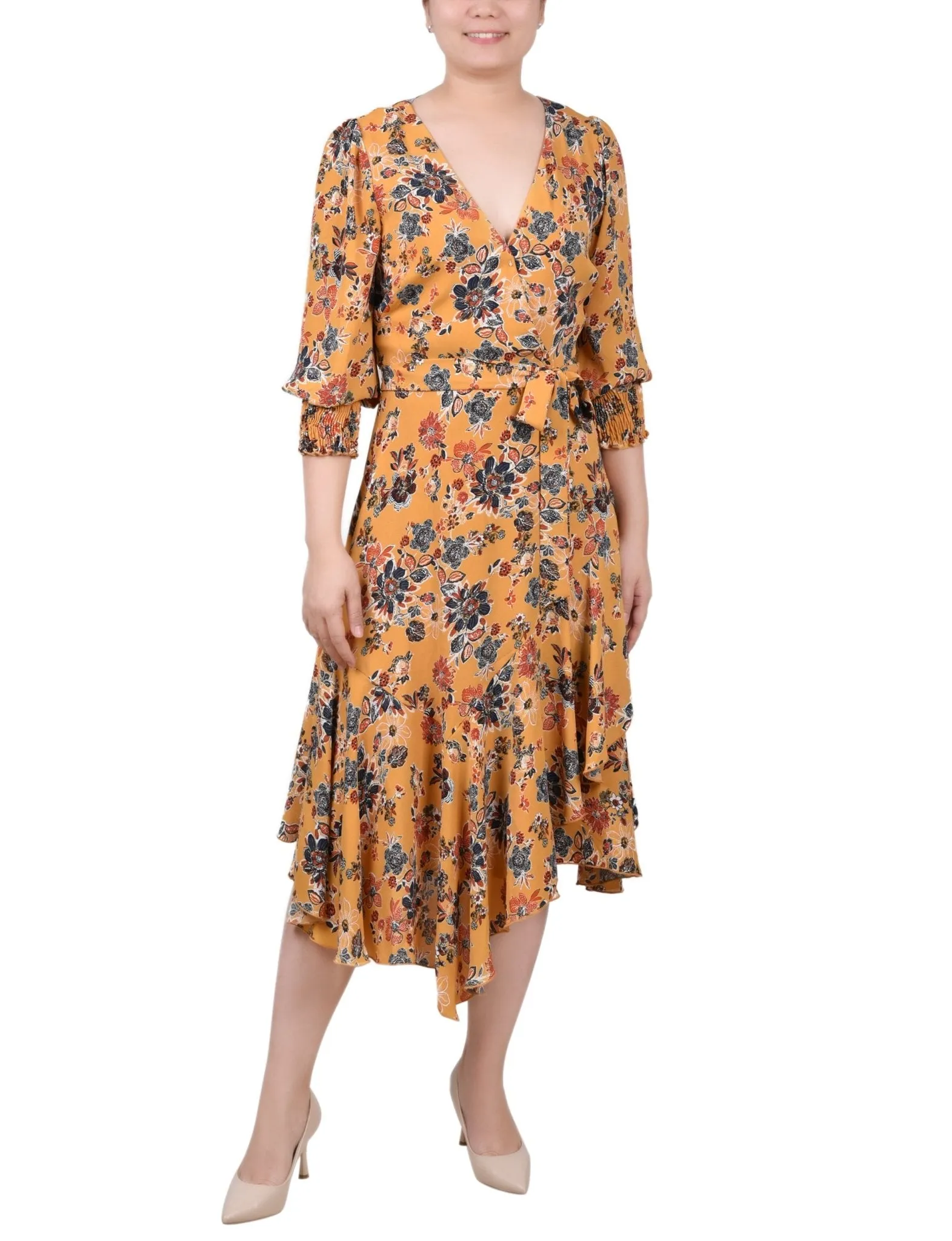 3/4 Length Sleeve Belted Chiffon Handkerchief Hem Dress - Petite