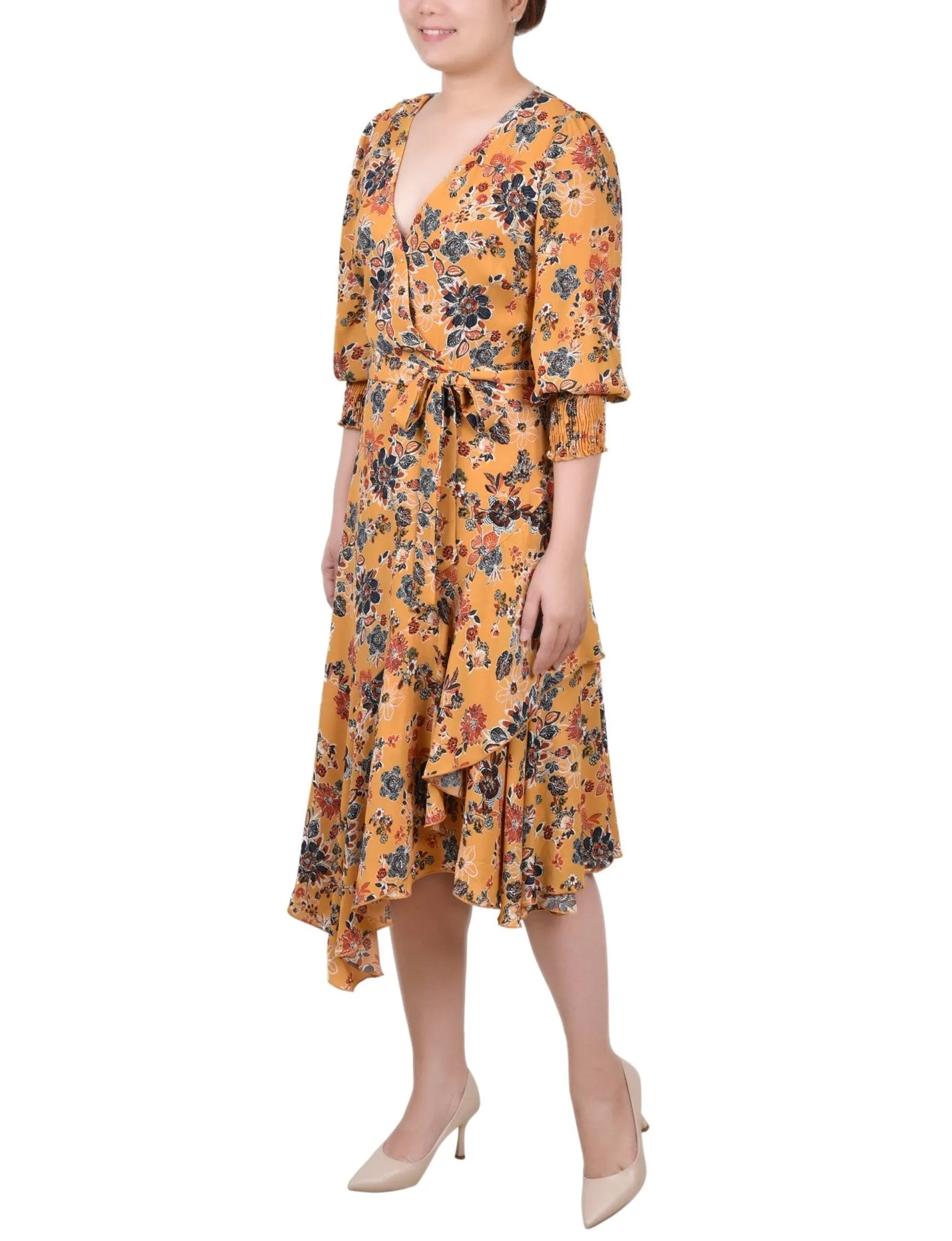 3/4 Length Sleeve Belted Chiffon Handkerchief Hem Dress - Petite