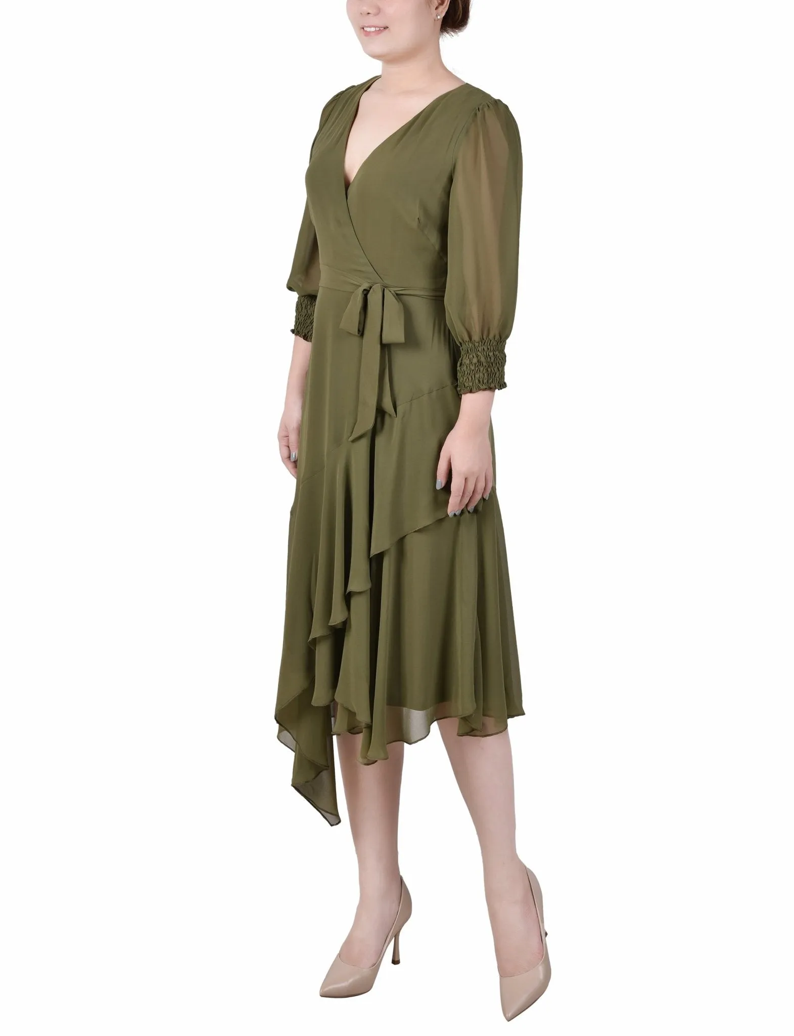 3/4 Length Sleeve Belted Chiffon Handkerchief Hem Dress - Petite