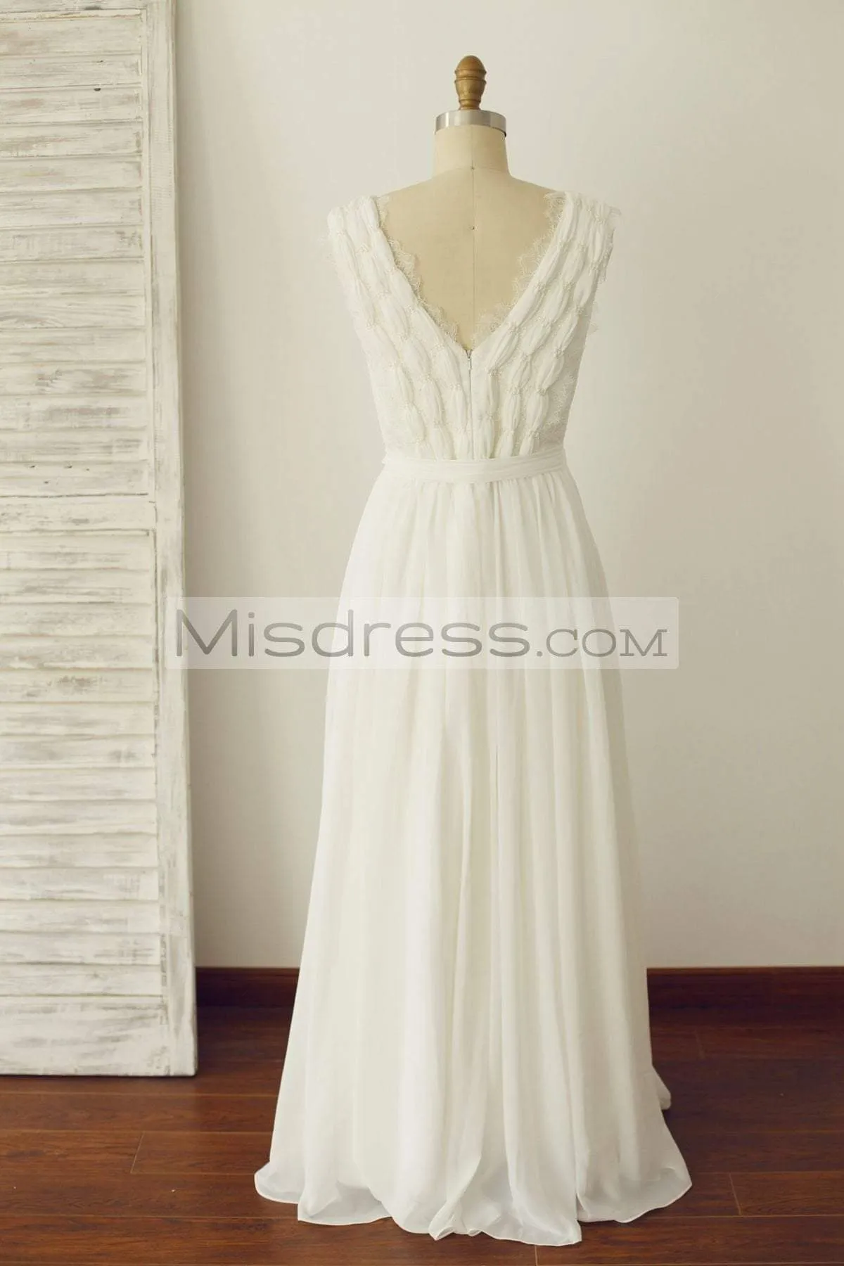 A-line V Neck Ivory Lace Chiffon Wedding Dress Bridal Gown