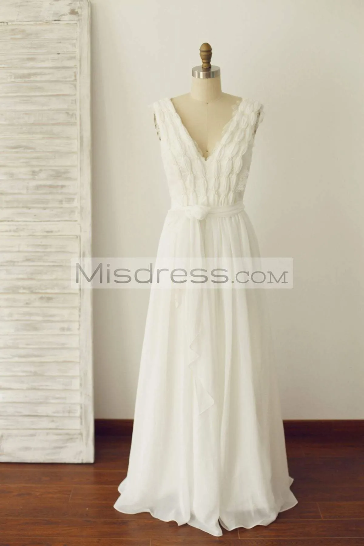 A-line V Neck Ivory Lace Chiffon Wedding Dress Bridal Gown