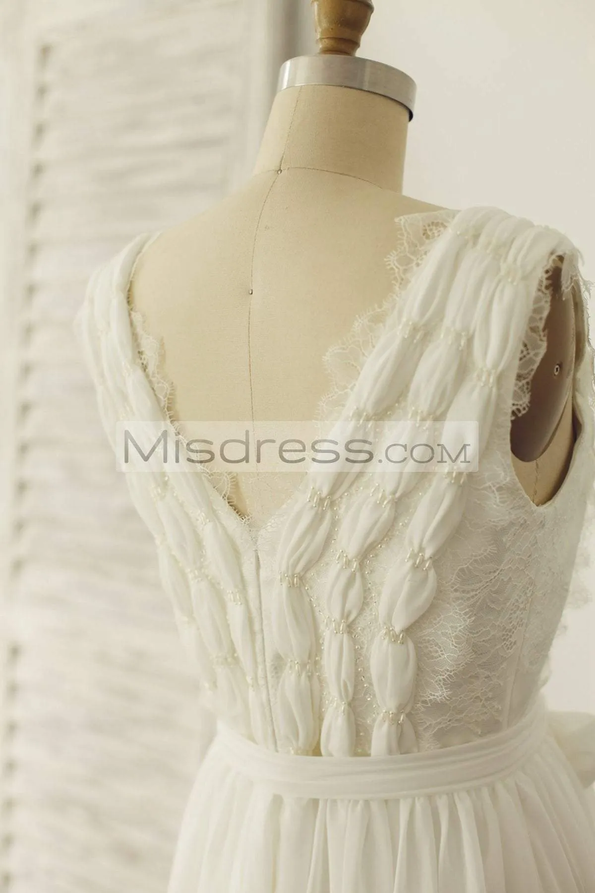 A-line V Neck Ivory Lace Chiffon Wedding Dress Bridal Gown
