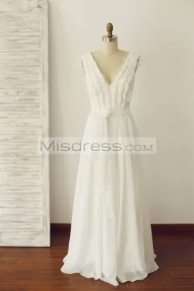 A-line V Neck Ivory Lace Chiffon Wedding Dress Bridal Gown
