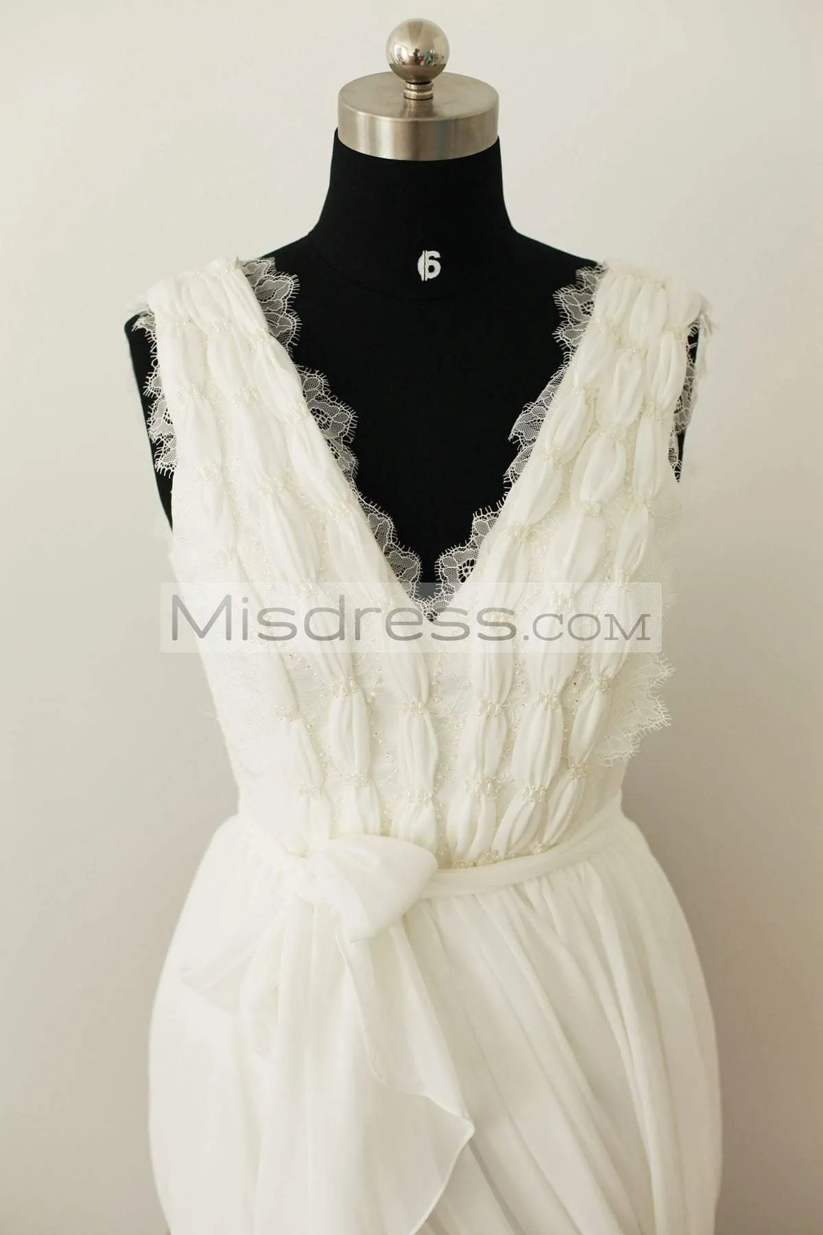 A-line V Neck Ivory Lace Chiffon Wedding Dress Bridal Gown