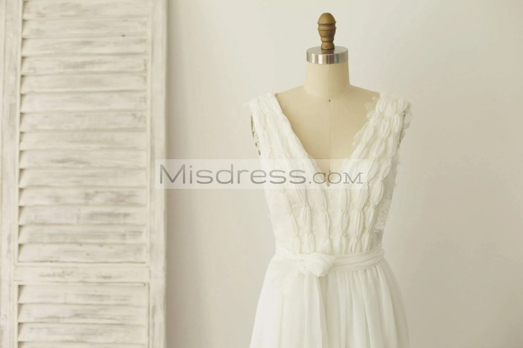 A-line V Neck Ivory Lace Chiffon Wedding Dress Bridal Gown