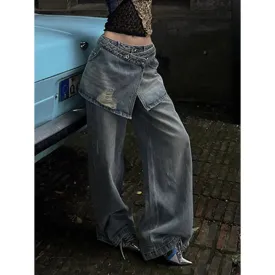 Aiertu 2024 Summer Women's Casual Blue Harajuku Jeans Vintage Loose Fit Washed Pants Y2K Wide Leg Punk Baggy Pockets Denim Trouser