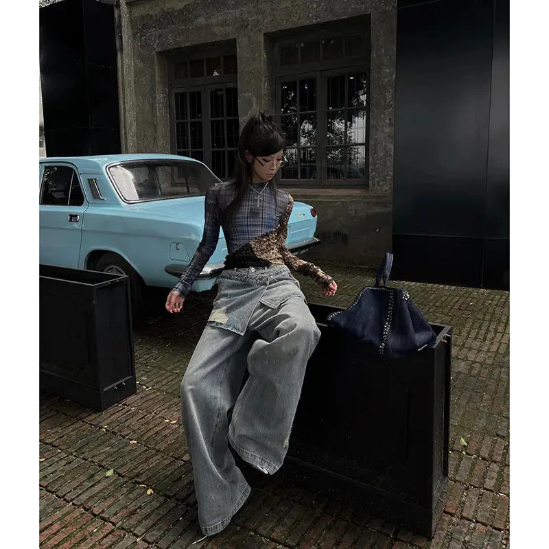 Aiertu 2024 Summer Women's Casual Blue Harajuku Jeans Vintage Loose Fit Washed Pants Y2K Wide Leg Punk Baggy Pockets Denim Trouser