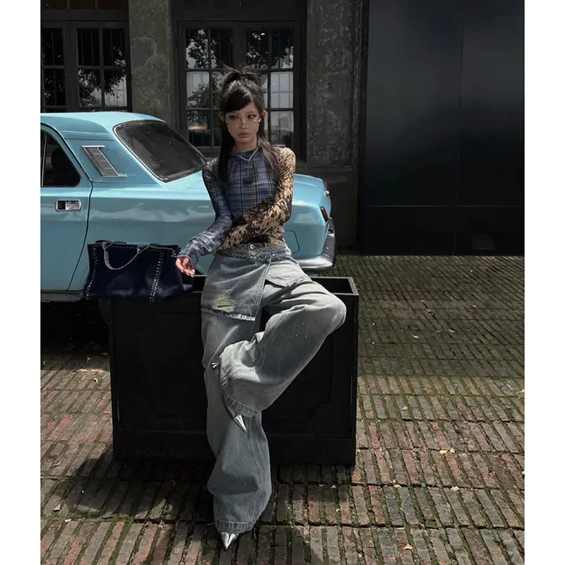 Aiertu 2024 Summer Women's Casual Blue Harajuku Jeans Vintage Loose Fit Washed Pants Y2K Wide Leg Punk Baggy Pockets Denim Trouser