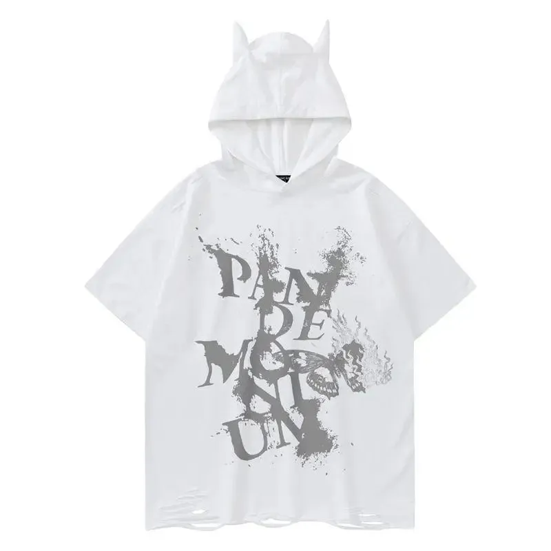 American Street Dark Style Hooded Hole T-shirt Wash Old Short-sleeved Young Men's And Women's Knitted Tee Shirt
