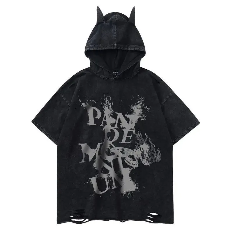 American Street Dark Style Hooded Hole T-shirt Wash Old Short-sleeved Young Men's And Women's Knitted Tee Shirt