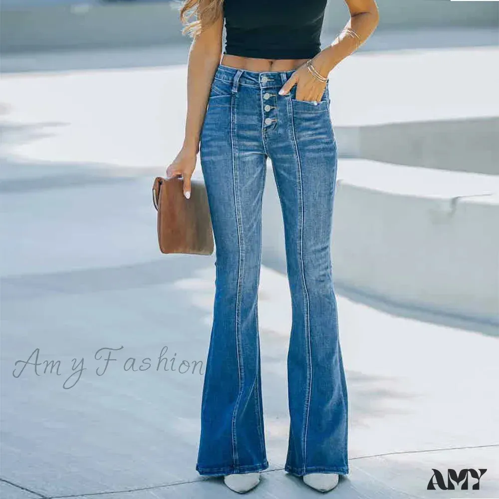 Amy Fashion - Women's Flared Patchwork Vintage Fashion Stretch High Waist Casual Slim Streetwear Wide Leg Flare Jean