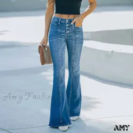 Amy Fashion - Women's Flared Patchwork Vintage Fashion Stretch High Waist Casual Slim Streetwear Wide Leg Flare Jean