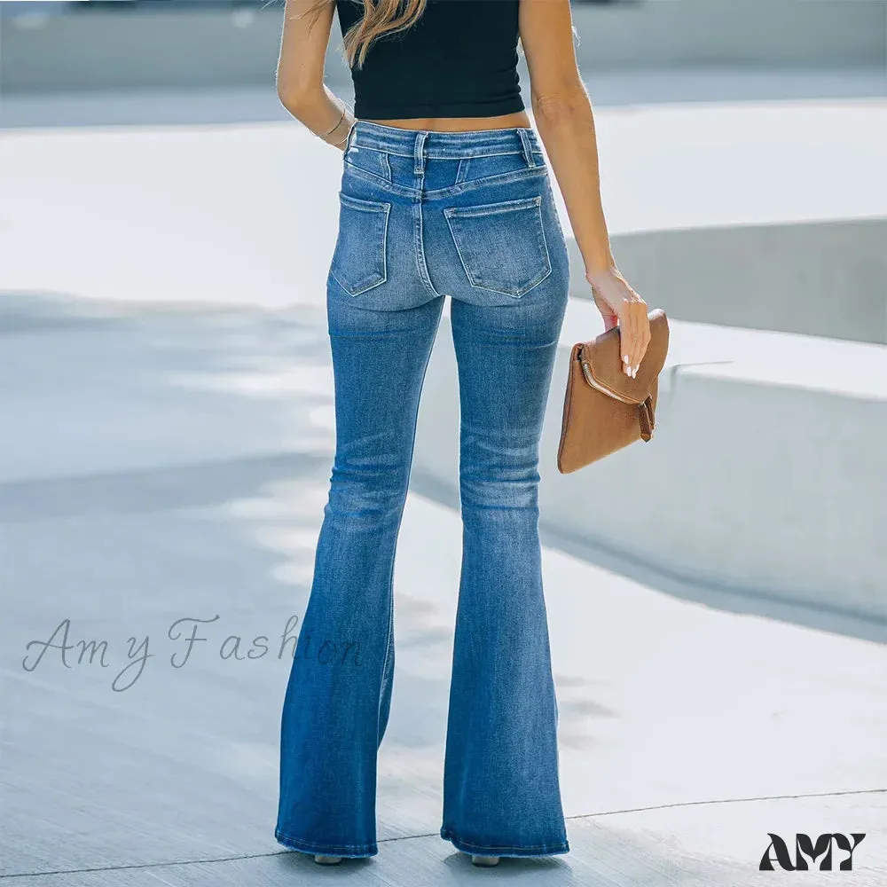 Amy Fashion - Women's Flared Patchwork Vintage Fashion Stretch High Waist Casual Slim Streetwear Wide Leg Flare Jean
