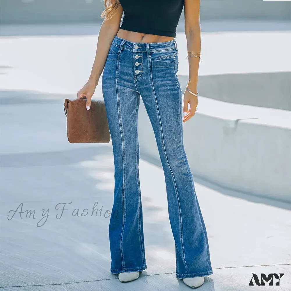 Amy Fashion - Women's Flared Patchwork Vintage Fashion Stretch High Waist Casual Slim Streetwear Wide Leg Flare Jean