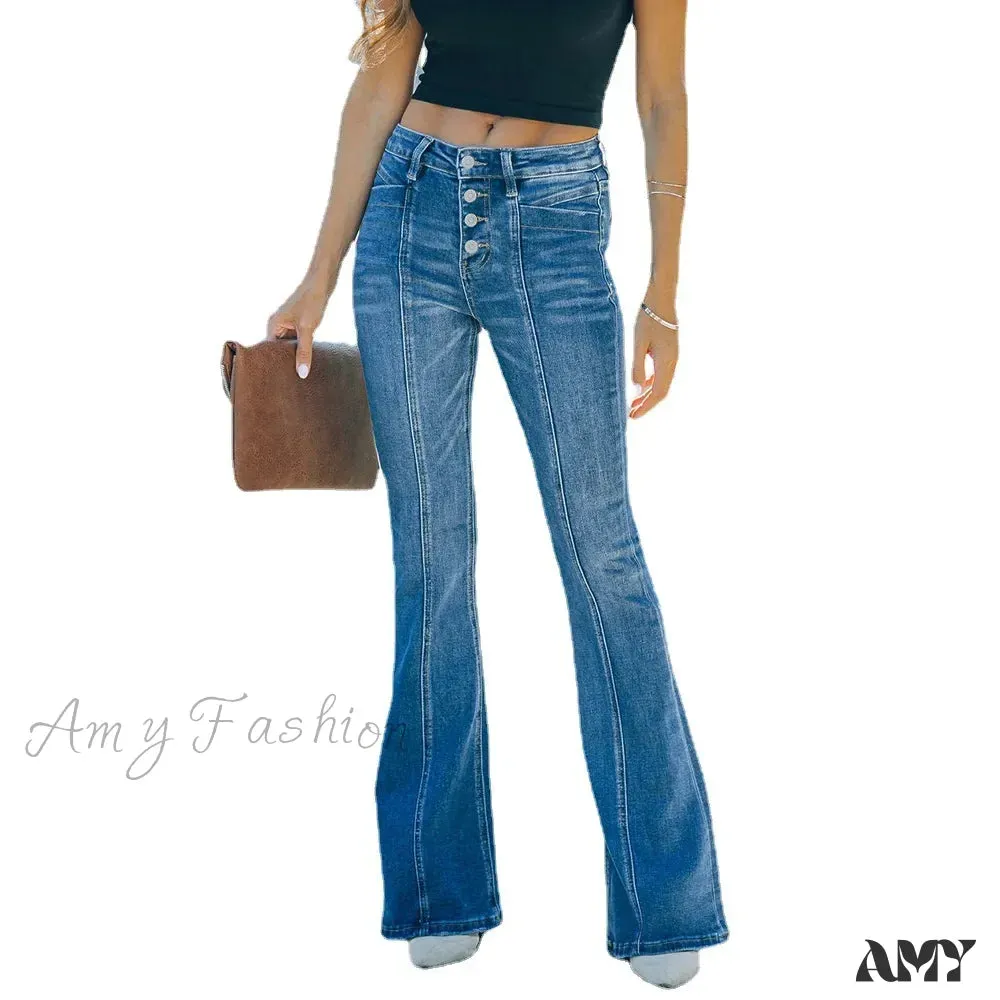 Amy Fashion - Women's Flared Patchwork Vintage Fashion Stretch High Waist Casual Slim Streetwear Wide Leg Flare Jean