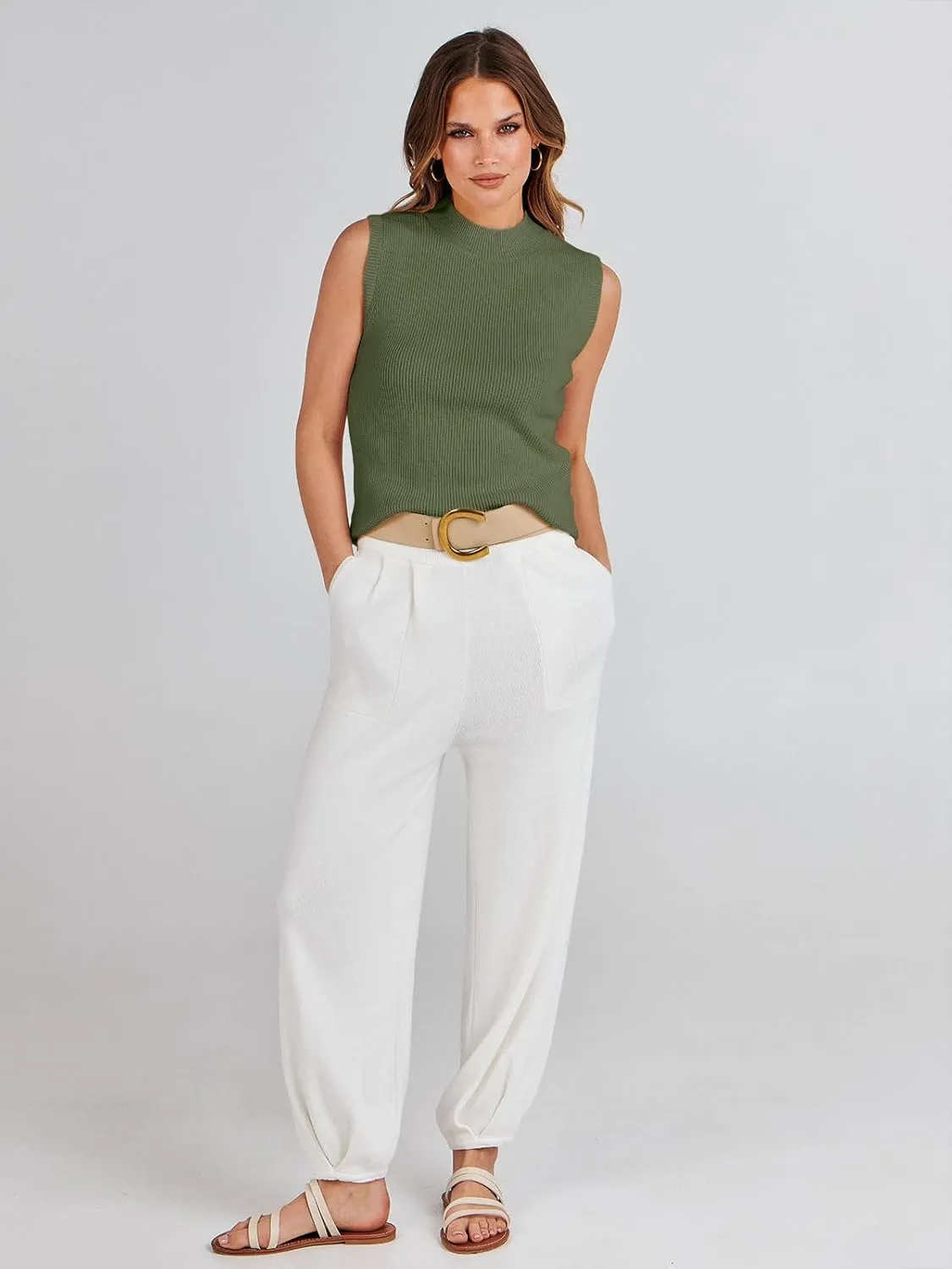 ANRABESS Womens Summer Sleeveless Tops Casual Mock Neck Loose Fit Knit Lightweight Sweater Pullover Top