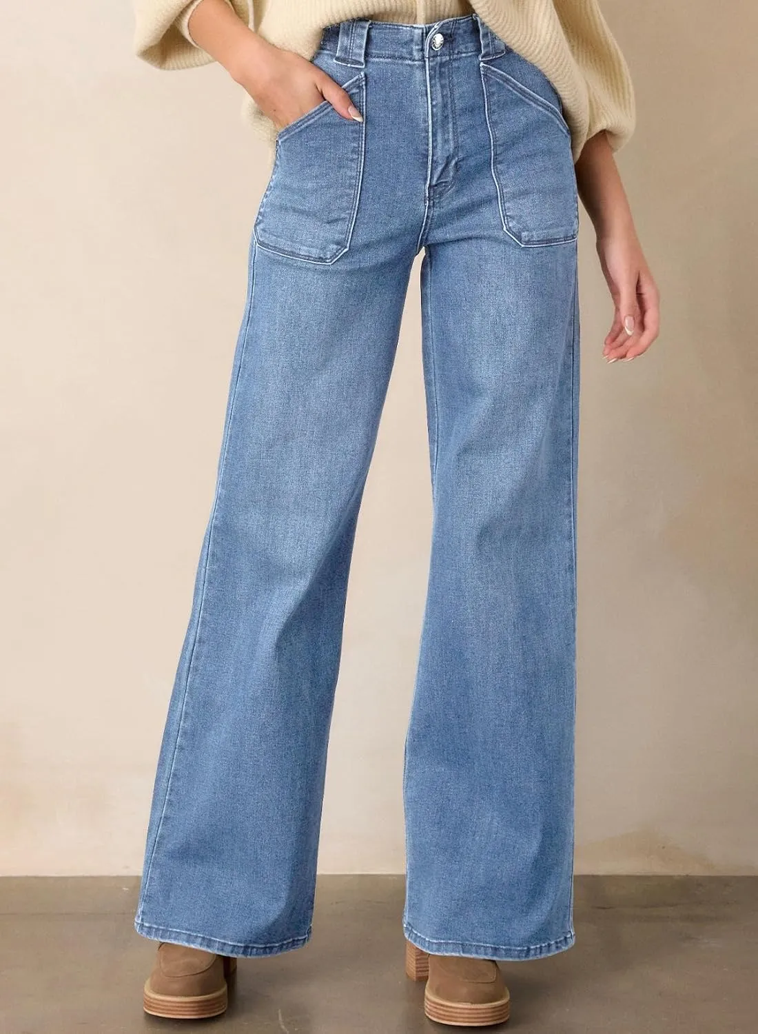 Astylish Women??s High Waisted Straight Leg Jeans Stretchy Wide Leg Jeans Trendy Denim Pants