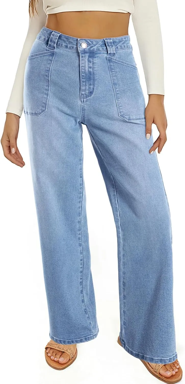 Astylish Women??s High Waisted Straight Leg Jeans Stretchy Wide Leg Jeans Trendy Denim Pants