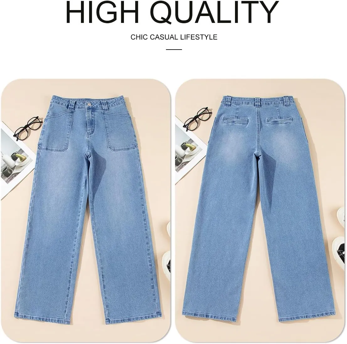 Astylish Women??s High Waisted Straight Leg Jeans Stretchy Wide Leg Jeans Trendy Denim Pants