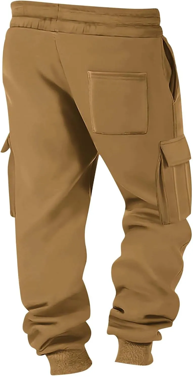 Baggy Cargo Sweatpants for Men Drawstring Waist Fleece Lined Joggers with Pockets Soft Athletic Workout Track Pants