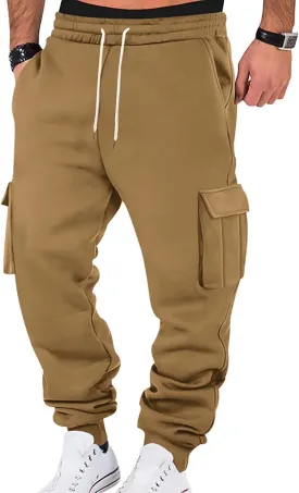 Baggy Cargo Sweatpants for Men Drawstring Waist Fleece Lined Joggers with Pockets Soft Athletic Workout Track Pants