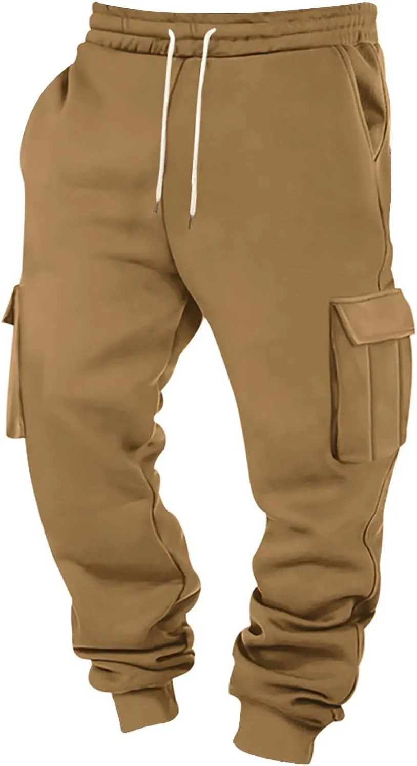 Baggy Cargo Sweatpants for Men Drawstring Waist Fleece Lined Joggers with Pockets Soft Athletic Workout Track Pants