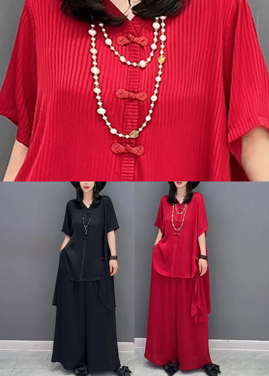 Black Button Solid Shirts And Wide Leg Pants Two Piece Set Half Sleeve LC0356
