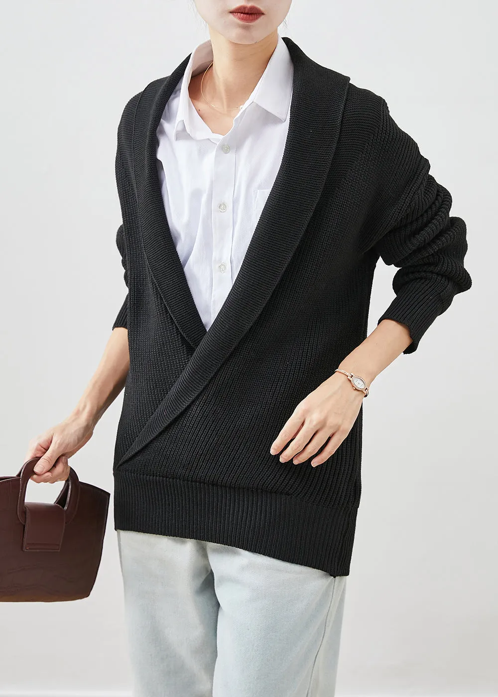 Black Thick Knit Short Sweater V Neck Winter ML2516