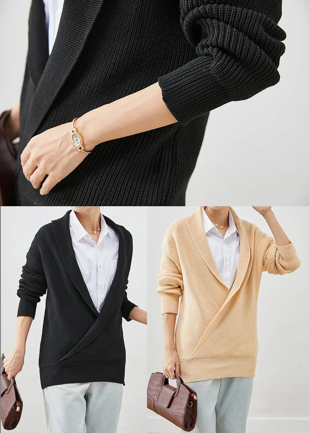 Black Thick Knit Short Sweater V Neck Winter ML2516