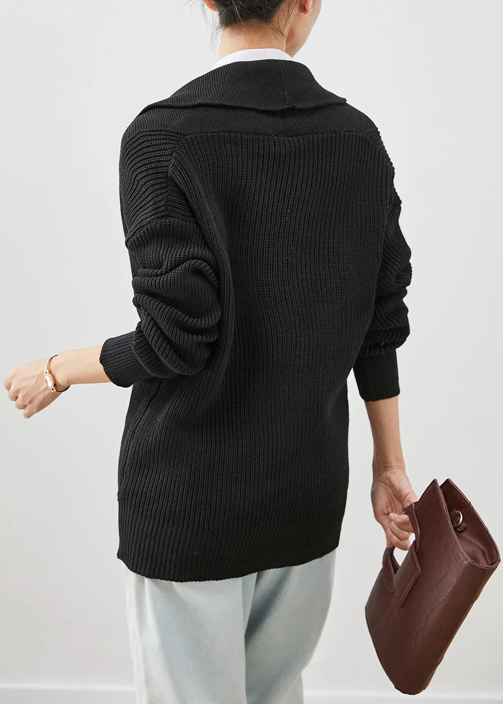 Black Thick Knit Short Sweater V Neck Winter ML2516