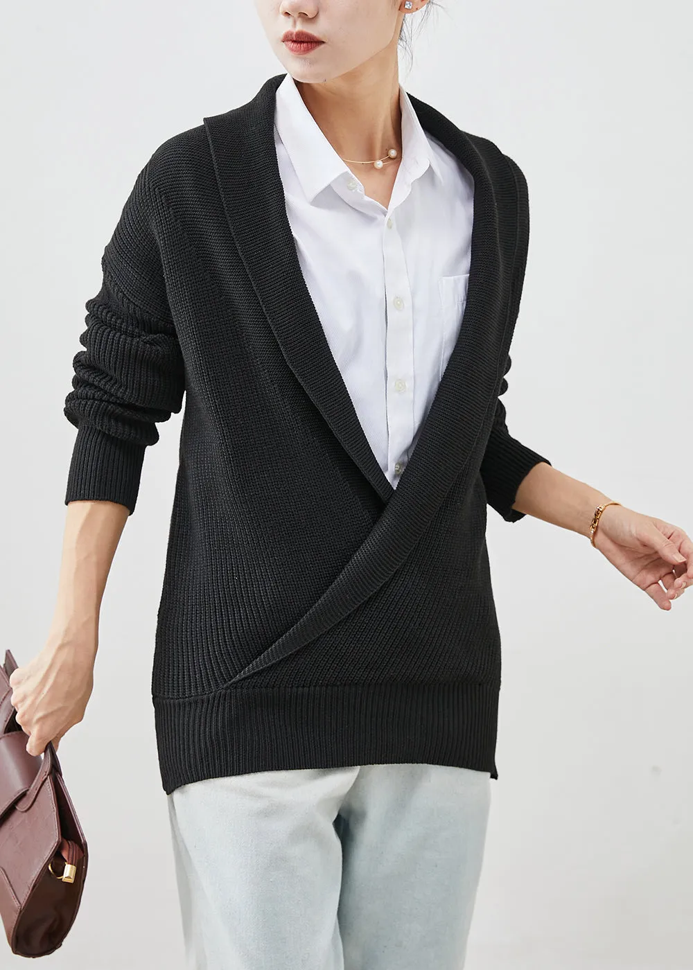 Black Thick Knit Short Sweater V Neck Winter ML2516