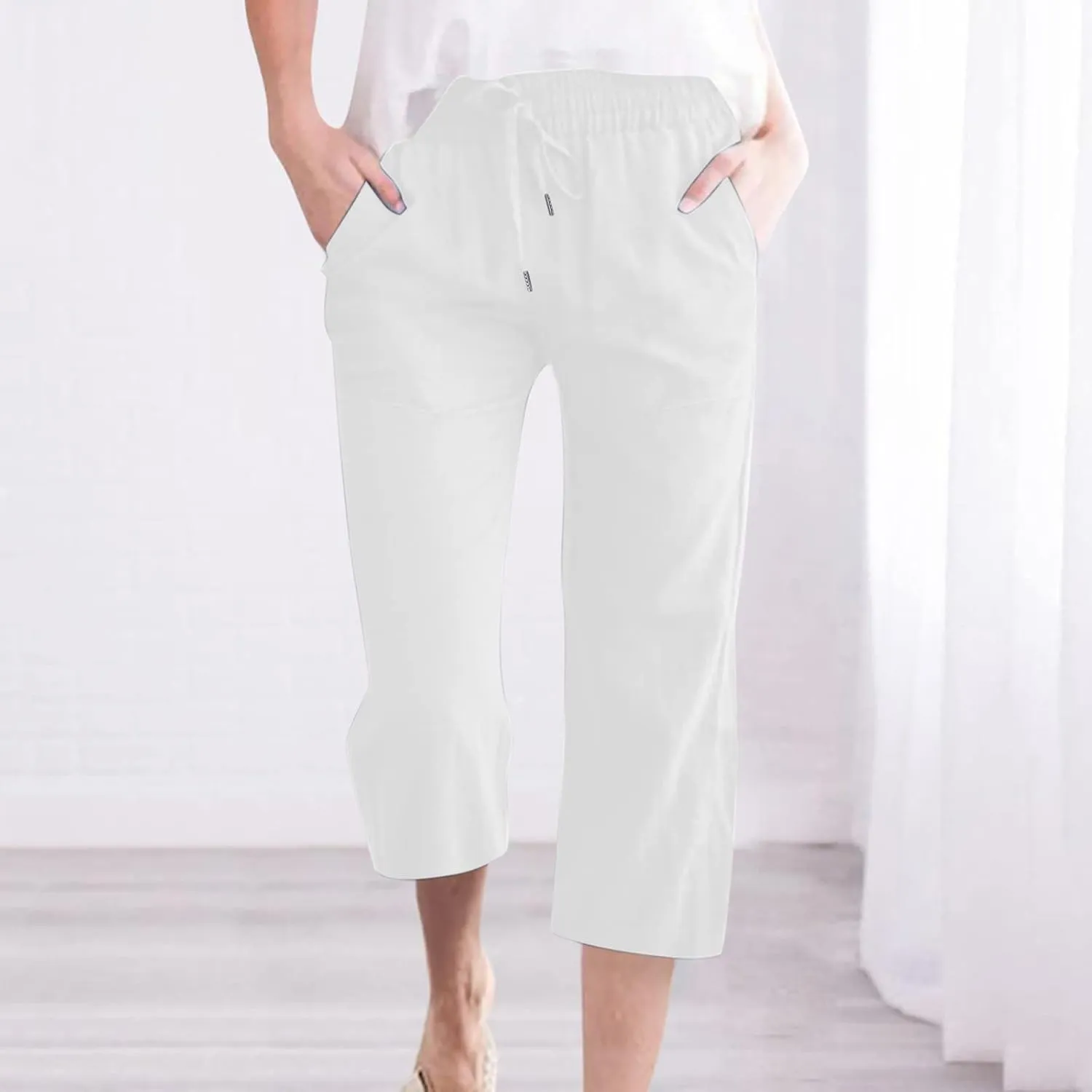 Capri Pants for Women Casual Summer Cotton Linen Cropped Pant Elastic High Waist Capris Straight Leg Lounge Trouser