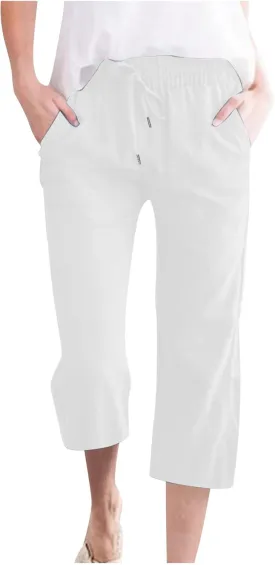 Capri Pants for Women Casual Summer Cotton Linen Cropped Pant Elastic High Waist Capris Straight Leg Lounge Trouser