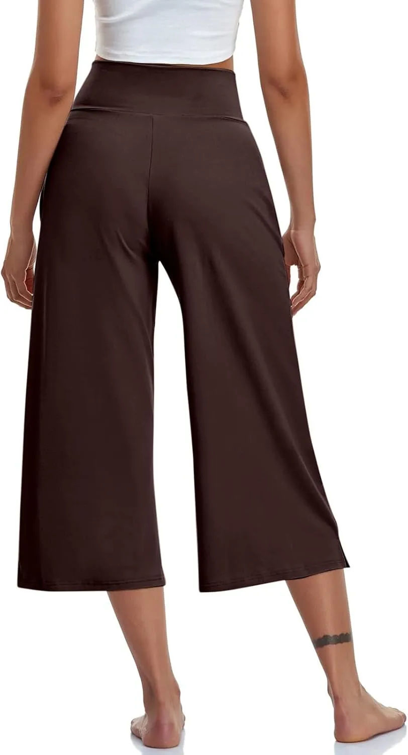 Capris Pants for Women Crossover Wide Leg Yoga Capris with Pockets Tummy Control Capri Leggings with Pockets