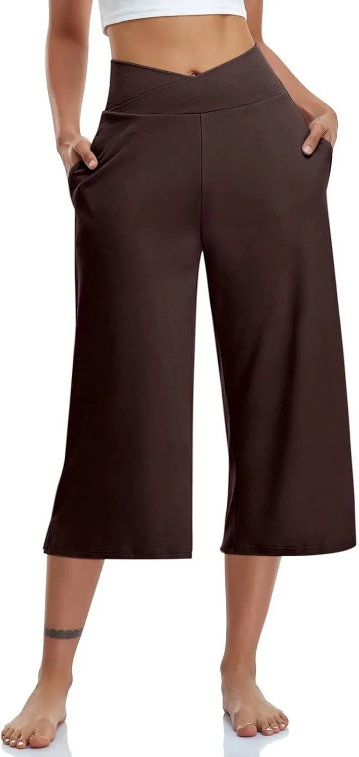 Capris Pants for Women Crossover Wide Leg Yoga Capris with Pockets Tummy Control Capri Leggings with Pockets