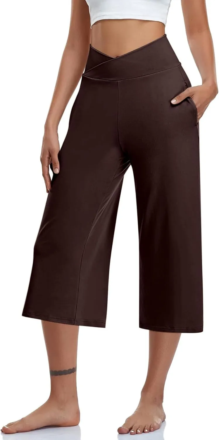 Capris Pants for Women Crossover Wide Leg Yoga Capris with Pockets Tummy Control Capri Leggings with Pockets