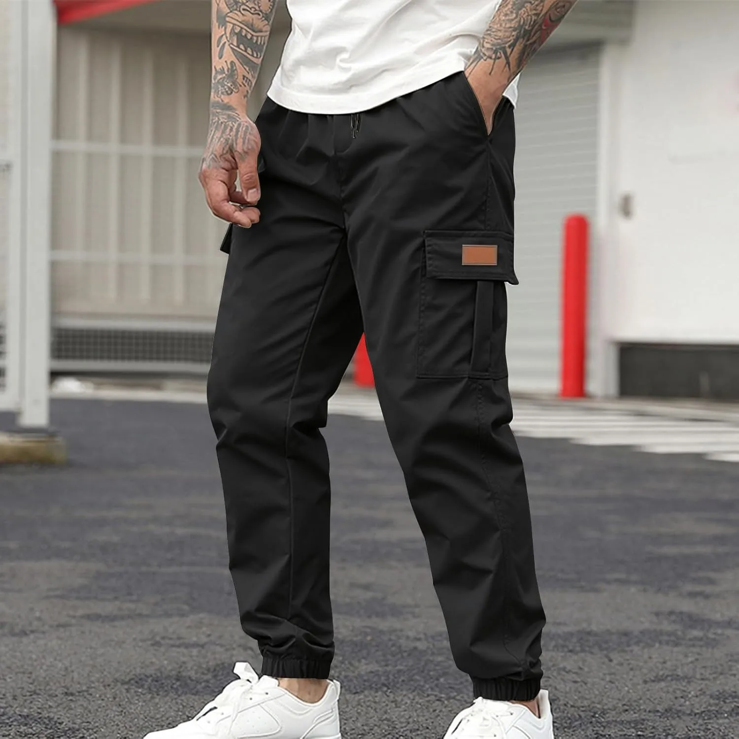 Cargo Pants for Men Baggy Joggers Elastic Waist Drawstring Sweatpants Streetwear with Multi Pockets Hiking Fishing Gear