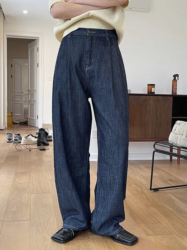 Casual Loose Wide Leg Pleated Jean Pants Bottoms