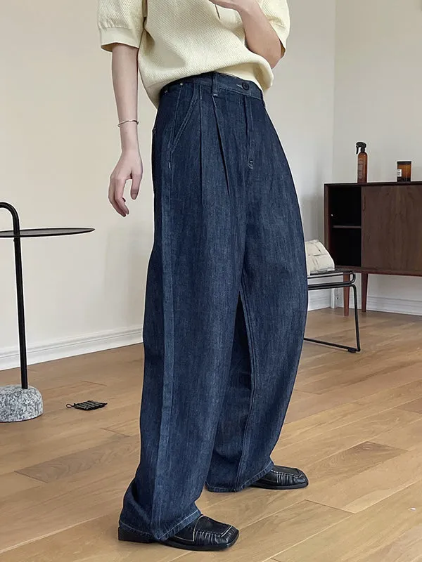Casual Loose Wide Leg Pleated Jean Pants Bottoms